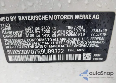 2024 BMW X3 xDrive30I from USA, damaged, VIN 5UX53DP07R9U89322